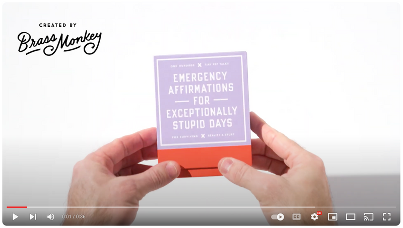 A person holds a purple and orange box labeled Emergency Affirmations for Exceptionally Stupid Days with the text Created by Brass Monkey in the upper left corner.