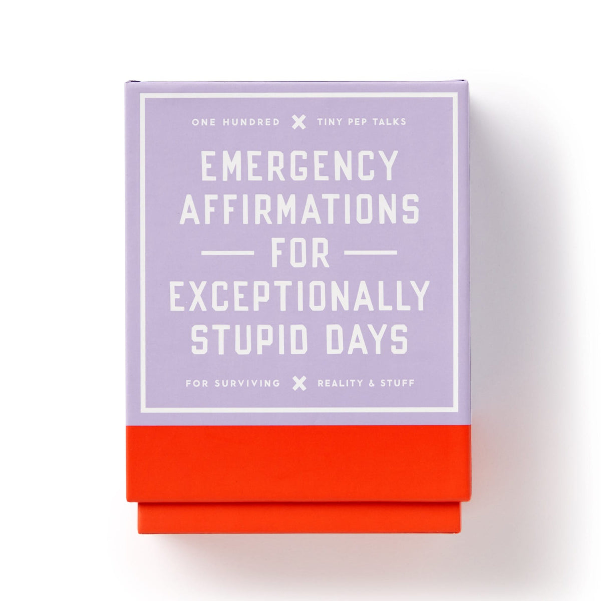 The Brass Monkey Emergency Affirmations for Exceptionally Stupid Days Card Deck includes 100 mini pep talk cards with a purple top and red bottom—perfect for surviving realitys toughest days.