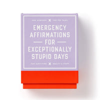 The Brass Monkey Emergency Affirmations for Exceptionally Stupid Days Card Deck includes 100 mini pep talk cards with a purple top and red bottom—perfect for surviving realitys toughest days.