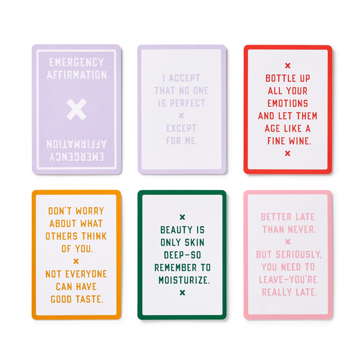 The Brass Monkey Emergency Affirmations for Exceptionally Stupid Days Card Deck features six colorful cards with witty, sarcastic advice on emotions, self-acceptance, beauty, taste, and punctuality—perfect for handling tough days.