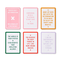 The Brass Monkey Emergency Affirmations for Exceptionally Stupid Days Card Deck features six colorful cards with bold, motivational messages in uppercase text on pink, orange, red, and green borders—perfect for a quick boost.