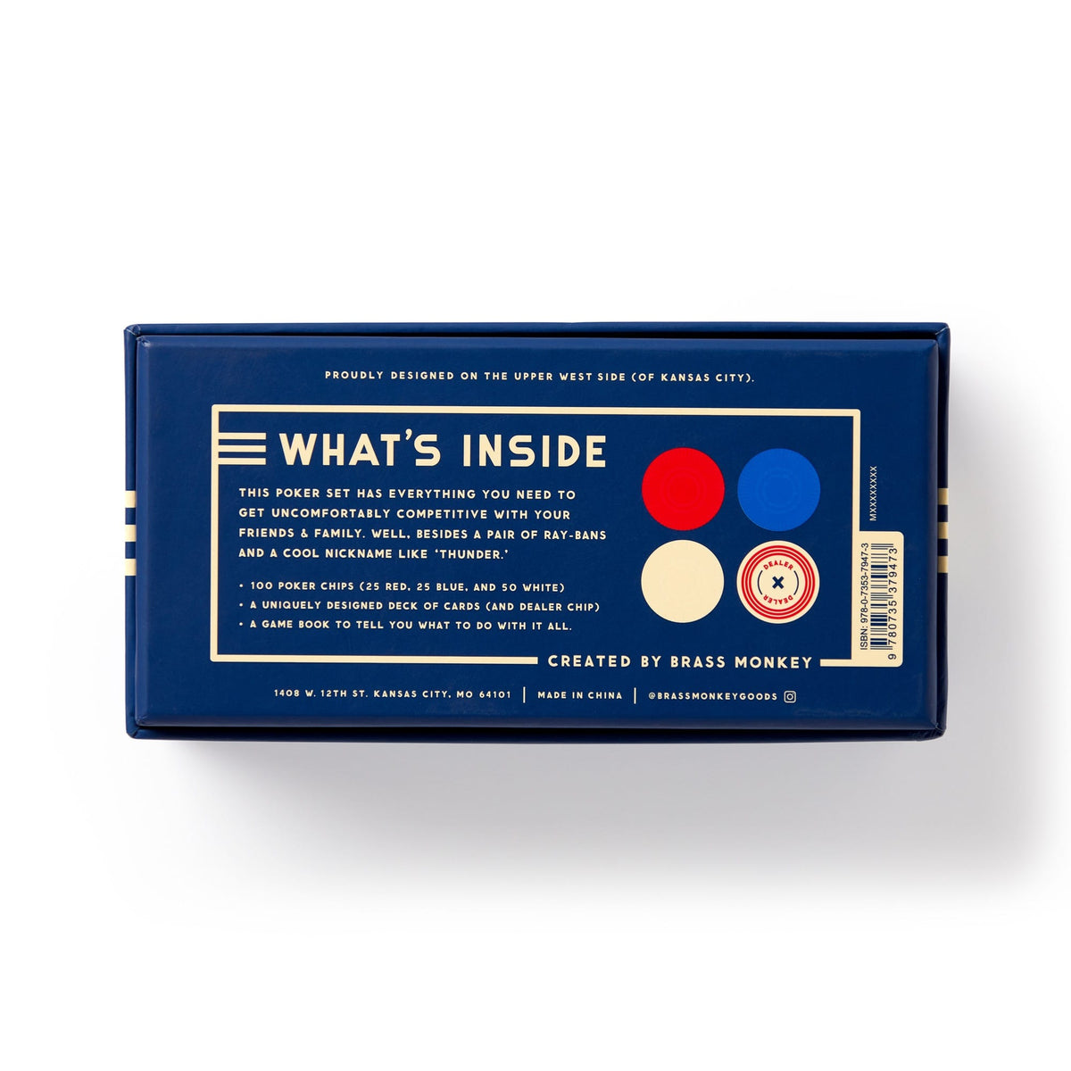 The Raise The Stakes Poker Game Set by Brass Monkey features 100 red, blue, and white poker chips, two decks of cards, a branded card case, and a game book in a blue rectangular box with chip and barcode graphics.
