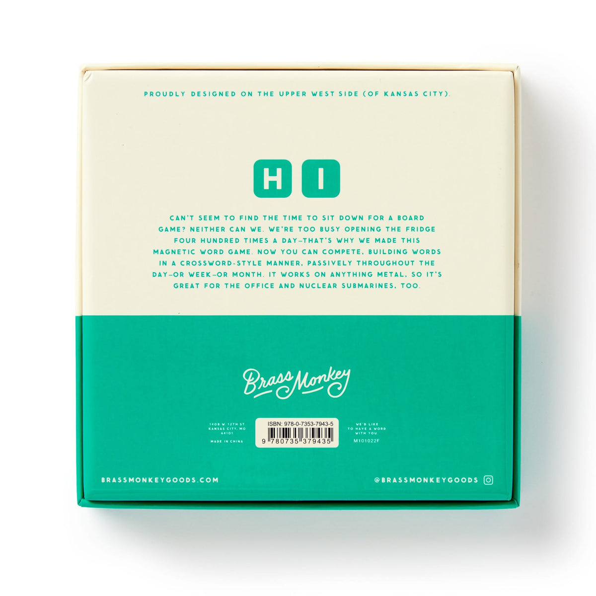 The back of a Scrumble Magnetic Fridge Game box by Brass Monkey features large HI lettering, a fun game description, and is mainly teal and white with branding plus social media details at the bottom.
