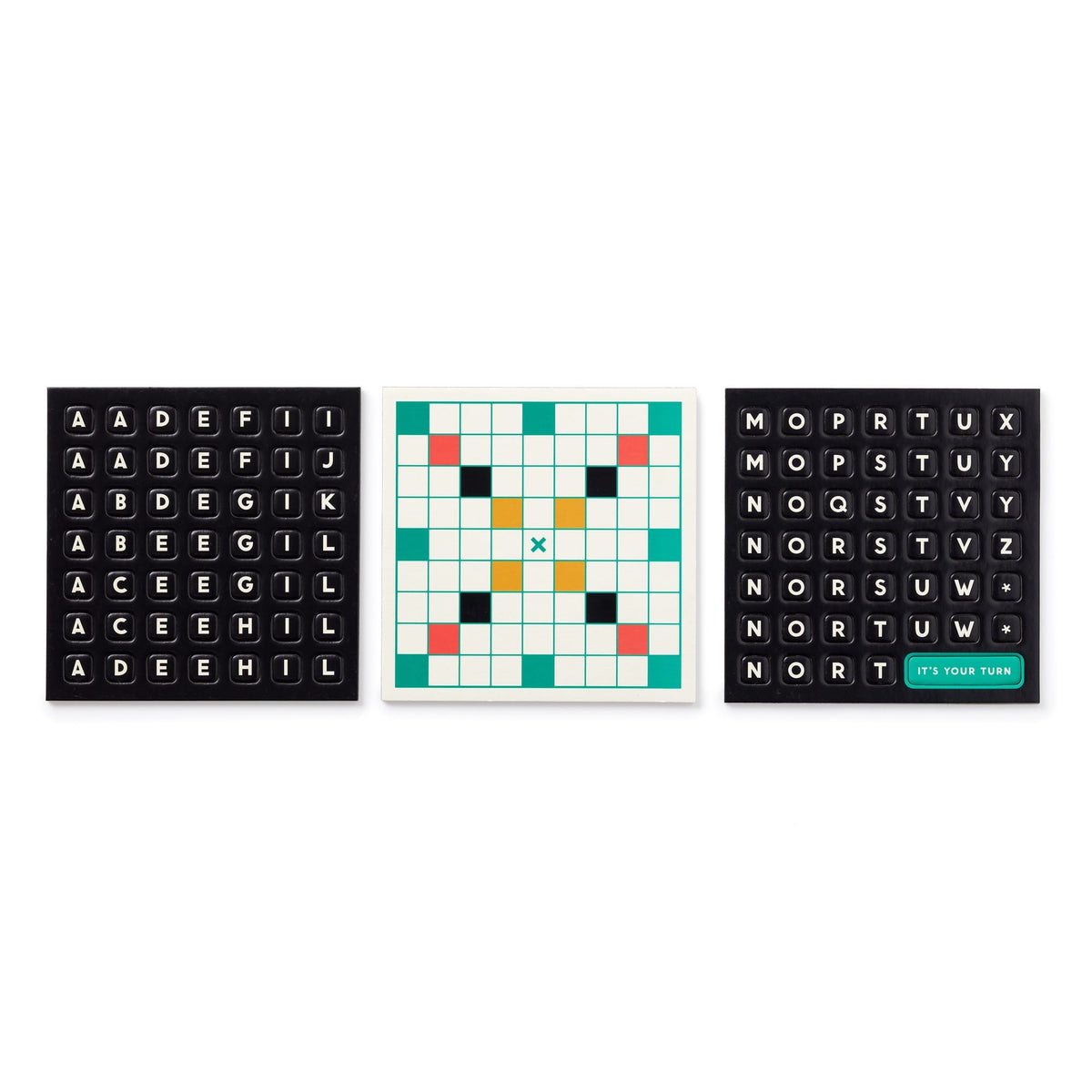 The Scrumble Magnetic Fridge Game by Brass Monkey has three square boards: a crossword-style center grid and fridge magnet-inspired side boards with black tiles and white letters. The right board features a green tile that reads ITS YOUR TURN.