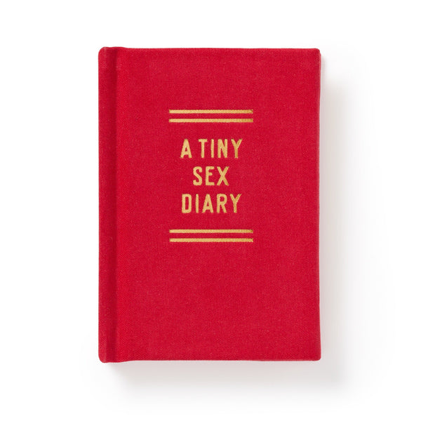 A Tiny Sex Diary by Brass Monkey—a small red book with gold cover text, ideal for jotting intimate moments or keeping a playful record of your sexual history—shown on a white background.