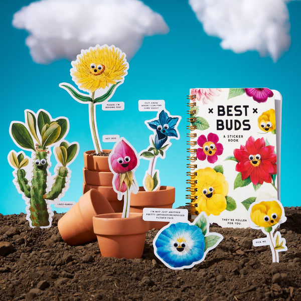 A playful scene shows cartoon flowers and plants in tiny pots, smiling under a blue sky with clouds, next to Brass Monkeys Best Buds Googly Sticker Book.