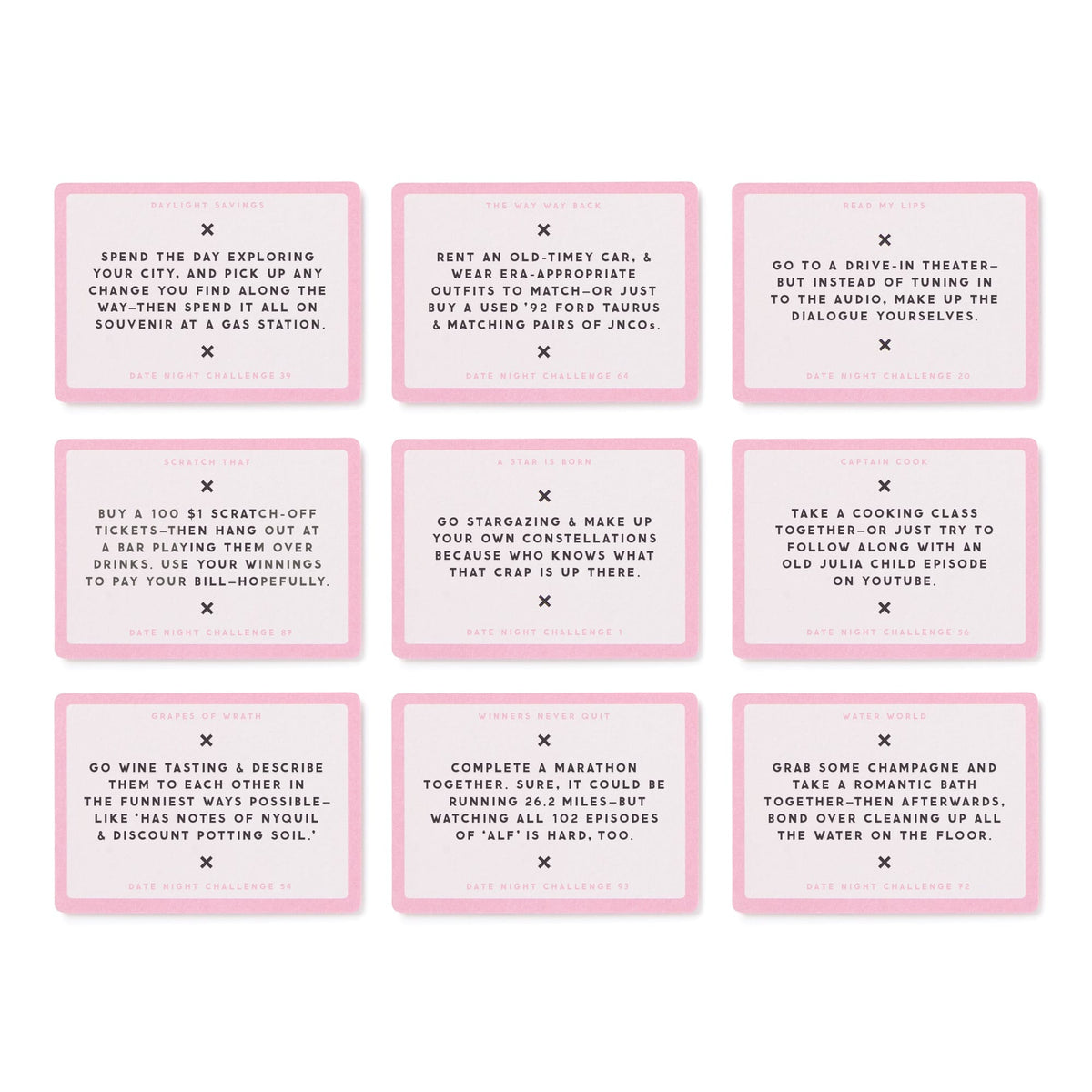 Date Night Challenges by Brass Monkey includes nine pink-and-white cards, each with a unique date idea—explore the city, swap clothes, take cooking classes, try scratch-off tickets, go stargazing, or have deep conversations by the water.