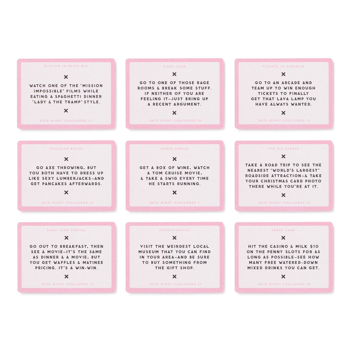 Brass Monkey’s Date Night Challenges includes nine pink-bordered cards, each with a unique activity like themed movie marathons, arcade visits, pancake breakfasts in pajamas, book club nights, and holiday rooftop photos.