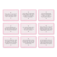 Brass Monkey’s Date Night Challenges includes nine pink-bordered cards, each with a unique activity like themed movie marathons, arcade visits, pancake breakfasts in pajamas, book club nights, and holiday rooftop photos.