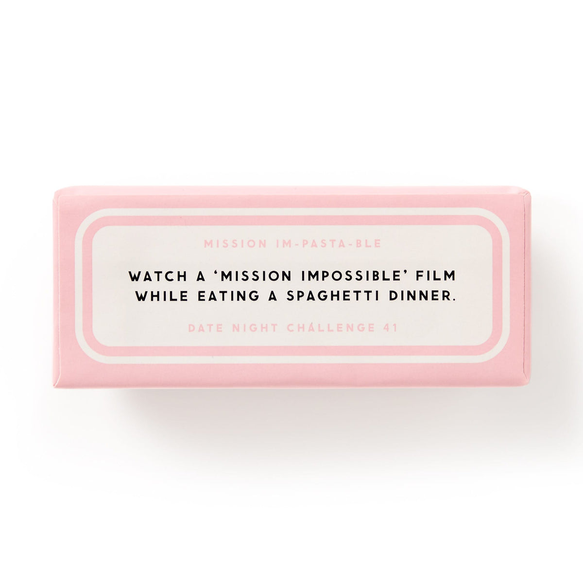 A pink Brass Monkey Date Night Challenges card titled MISSION IM-PASTA-BLE dares you: Watch a Mission Impossible movie while eating spaghetti. It’s Challenge 41 from the collection.