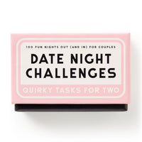 A pink and white box labeled Date Night Challenges by Brass Monkey is displayed against a white background, offering 100 fun and quirky tasks for couples to inspire unique date nights.