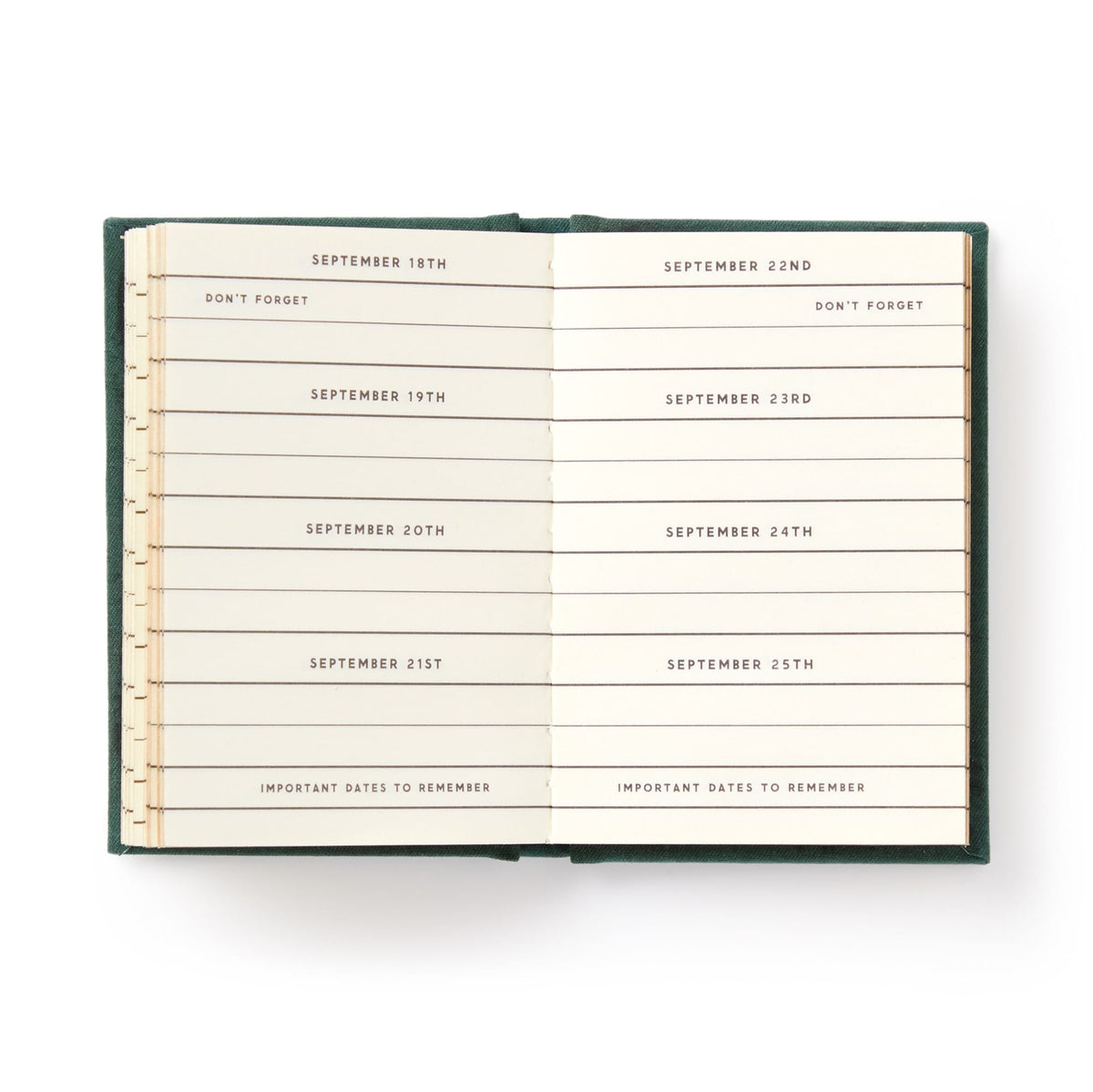 The Brass Monkey Dates People Get Mad If I Forget Tiny Diary features a hard-bound cover and a weekly layout from September 18–25, with each date on its own line plus reminders like “Don’t forget” and “Important dates to remember.”.