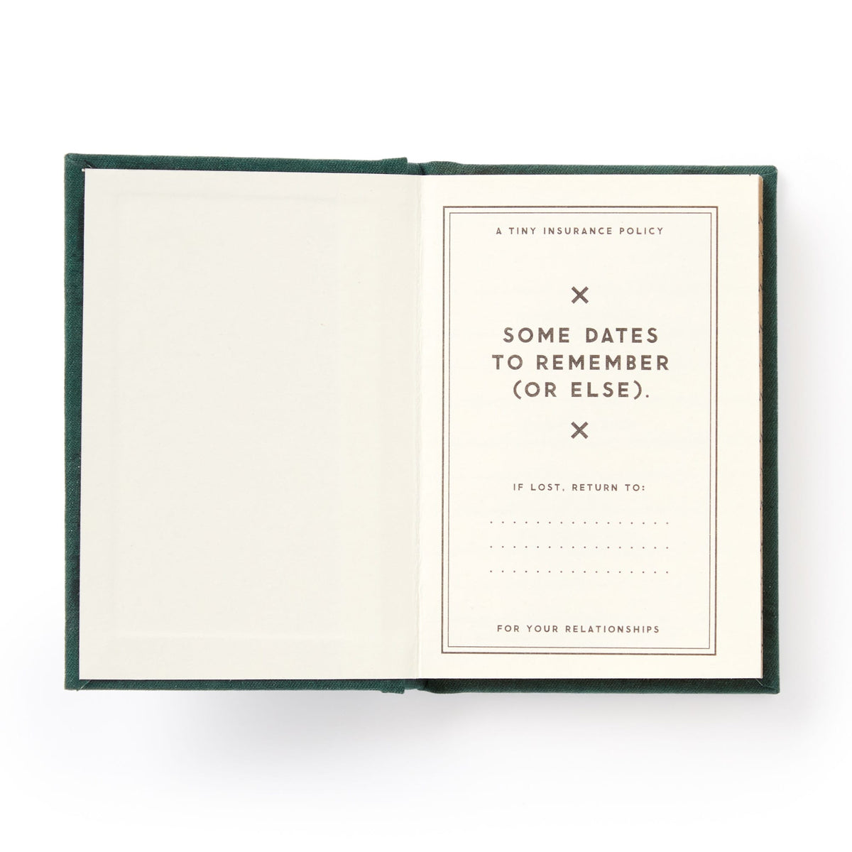 The Brass Monkey Dates People Get Mad If I Forget Tiny Diary is a hard-bound book with gilded edges, featuring spreads like A Tiny Insurance Policy and sections for important dates and personal details.