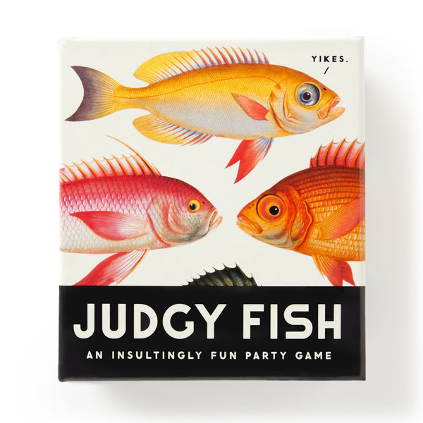 A box for Brass Monkeys Judgy Fish Game, an adult party game with colorful fish illustrations and the word Yikes. above one fish. The tagline says: An insultingly fun party game.