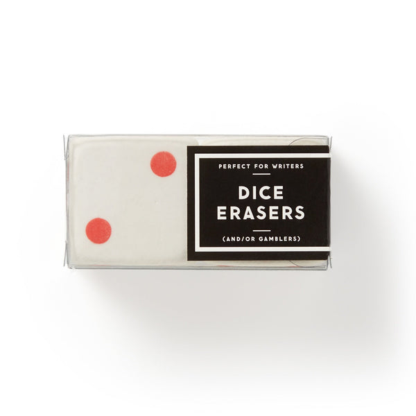 The Brass Monkey Make Big Mistakes Giant Dice Eraser Set features rectangular erasers styled like white dice with red dots, packaged in a clear box labeled Perfect for writers—a playful tool for correcting errors.