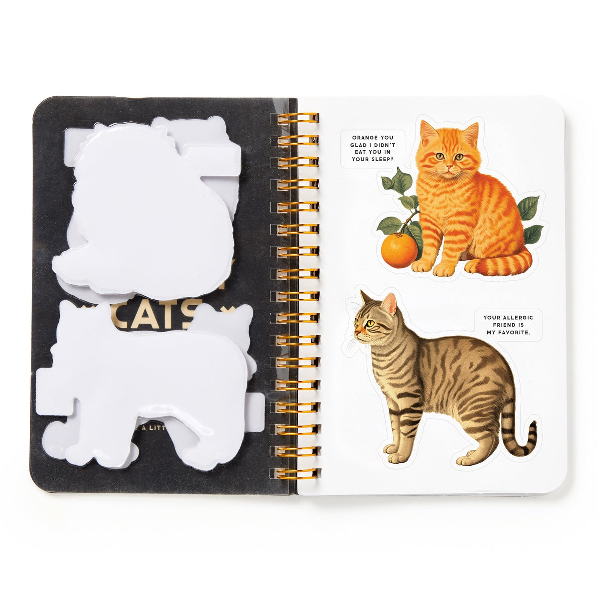 The Brass Monkey Moody Cats Sticker Book features an open spiral-bound design with cat-shaped cut-outs and oversized illustrated stickers of orange and brown tabby cats with captions.