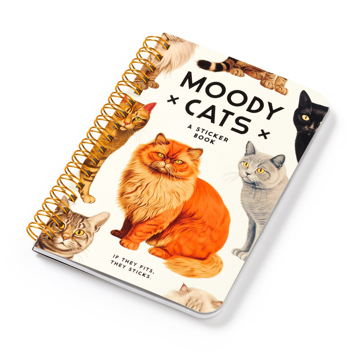 The Brass Monkey Moody Cats Sticker Book is spiral-bound with a white cover featuring illustrated cats, including an orange fluffy and a gray cat, and contains oversized Moody Cats stickers inside.