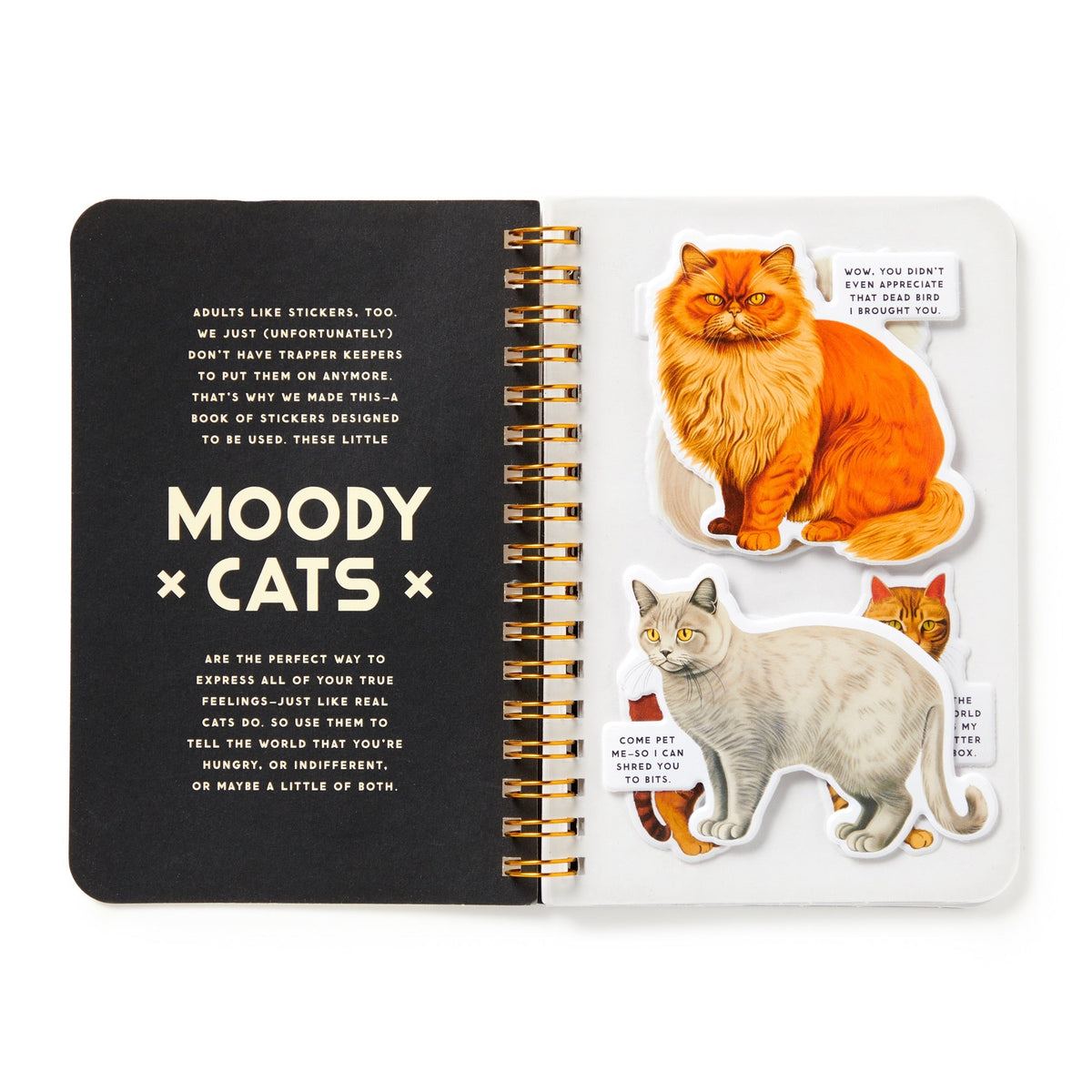 An open Brass Monkey Moody Cats Sticker Book shows text about Moody Cats on the left and three large stickers of colorful, expressive illustrated cats with speech bubbles on the right.