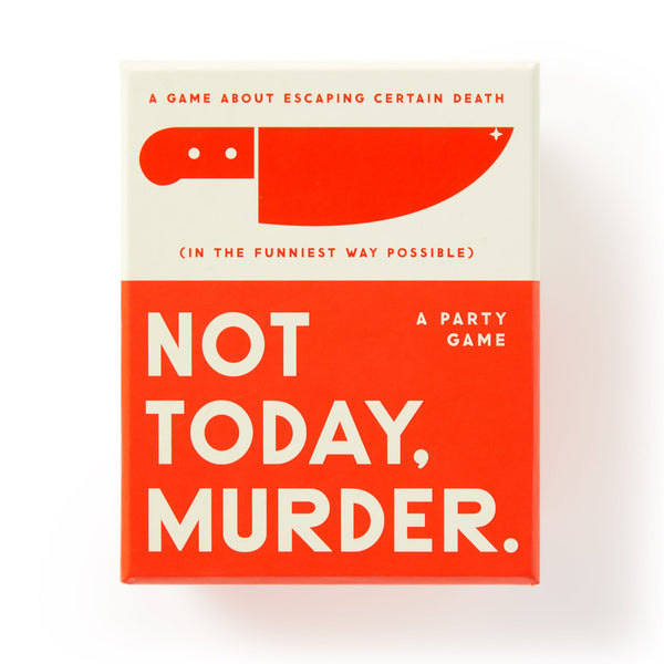 The Brass Monkey Not Today, Murder Game comes in a red and cream box with a bold knife icon and the tagline A Game About Escaping Certain Death (In The Funniest Way Possible). Enjoy endless laughter in outrageous murder-y scenarios.