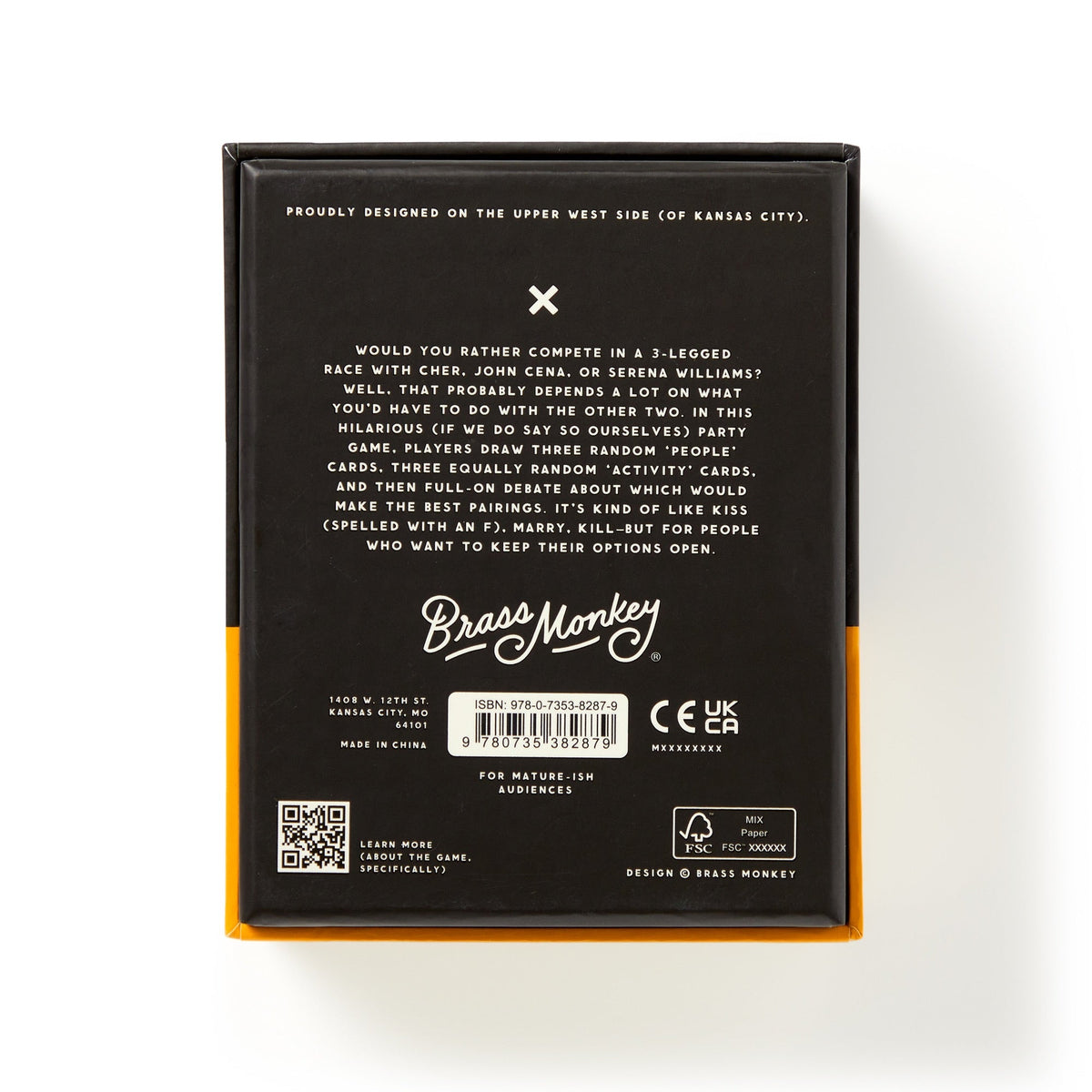 The back of the Of All The People Social Game box by Brass Monkey features humorous text, barcode, company logo, and info—including “PROUDLY DESIGNED ON THE UPPER WEST SIDE (OF KANSAS CITY).” White text on a black background.