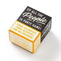 Brass Monkey’s boxed party game, Of All The People Social Game, features the tagline Three Celebrities, Three Activities, One Big Argument with names like Scarlett Johansson and Napoleon Bonaparte on the box.