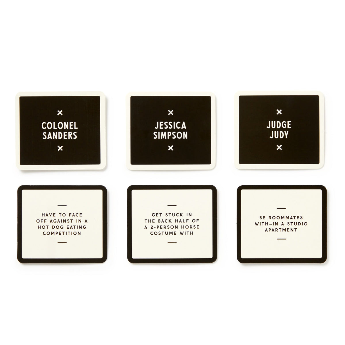 Brass Monkeys Of All The People Social Game features six black and white celebrity cards: Colonel Sanders, Jessica Simpson, Judge Judy, plus hilarious scenarios—like hot dog eating contests and roommates—perfect for your next party!.