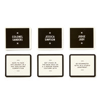 Brass Monkeys Of All The People Social Game features six black and white celebrity cards: Colonel Sanders, Jessica Simpson, Judge Judy, plus hilarious scenarios—like hot dog eating contests and roommates—perfect for your next party!.