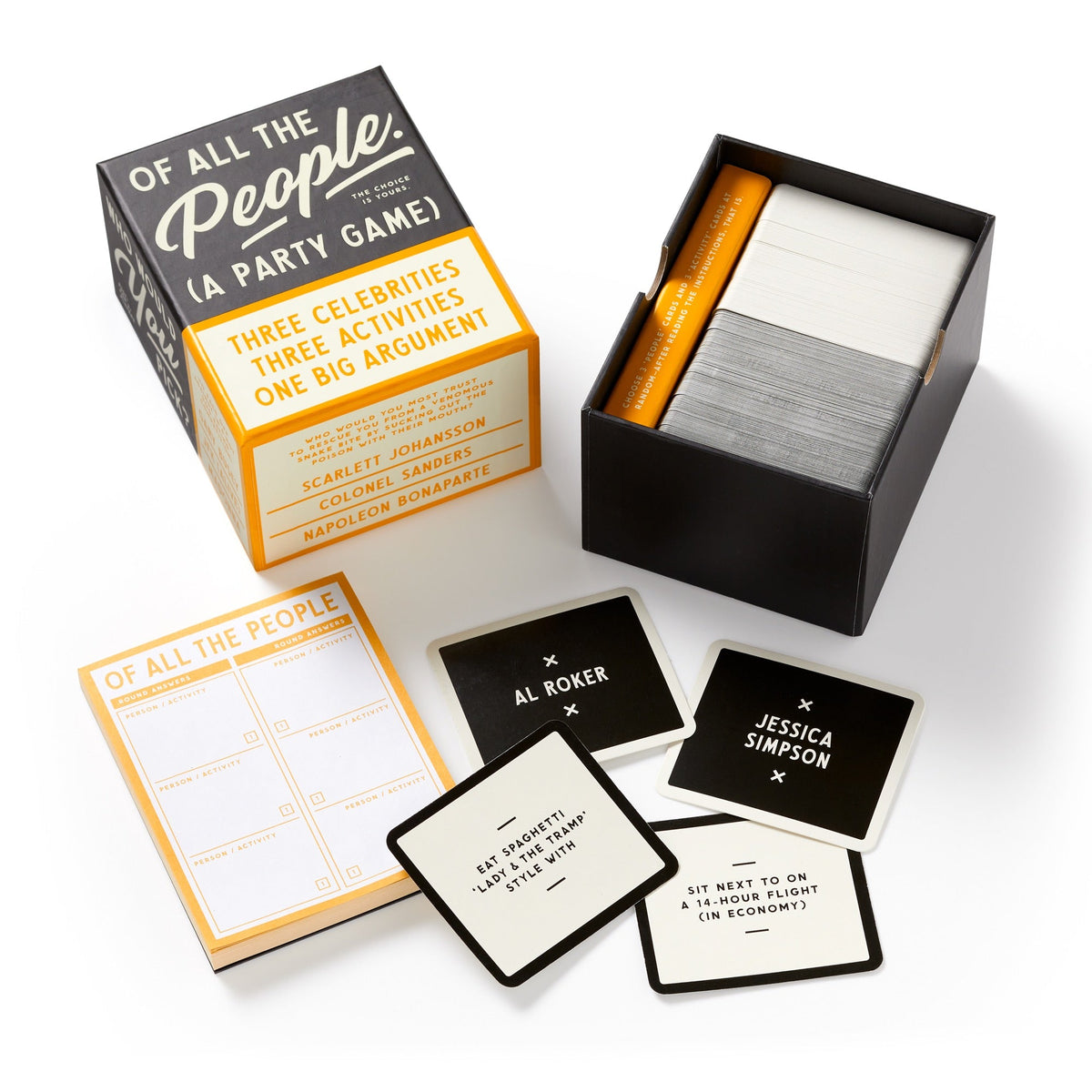 Of All The People Social Game by Brass Monkey is a hilarious party game with a box, cards, and game pad—featuring celebrity names like “AL ROKER” and fun prompts such as “SIT NEXT TO ON A SIX HOUR FLIGHT (IN ECONOMY).”.