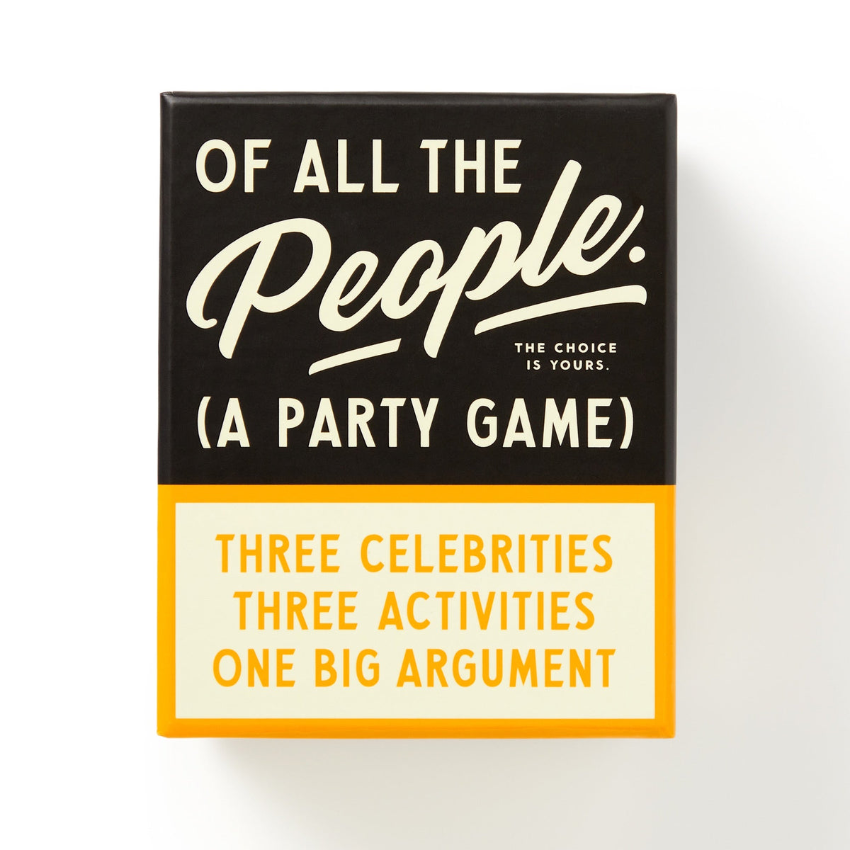 A Brass Monkey card game box titled Of All The People Social Game features the tagline Three celebrities, three activities, one big argument on a black, white, and yellow background.