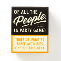 A Brass Monkey card game box titled Of All The People Social Game features the tagline Three celebrities, three activities, one big argument on a black, white, and yellow background.