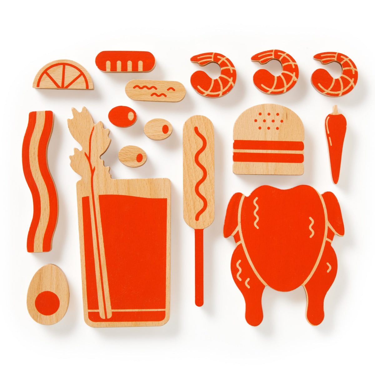 The (Over) Loaded Bloody Mary Balance Game by Brass Monkey includes orange and beige wooden pieces like shrimp, bacon, burger, chicken, corn dog, egg, carrot, lemon slice garnishes, celery stalk, bread, and a drink for perfect play.