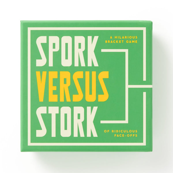The Spork Versus Stork Social Game by Brass Monkey comes in a green box with bold white and yellow lettering, a simple bracket design for players, and cards showcasing the hilarious face-offs featured in this fun party game.