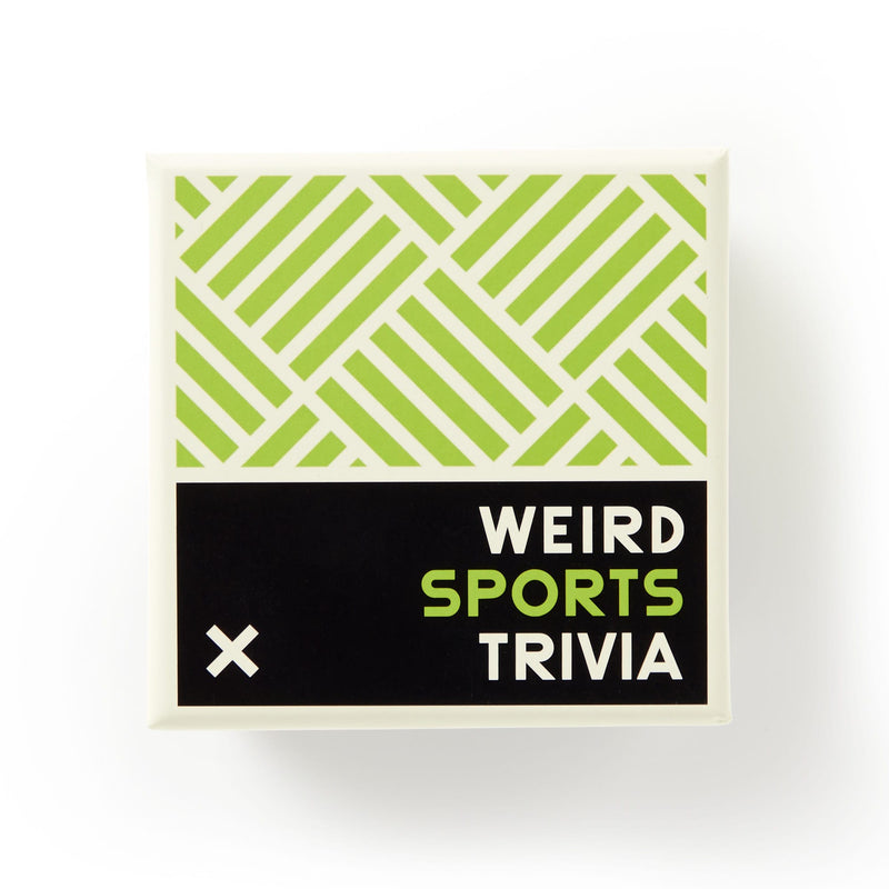 A Brass Monkey square box featuring a green and white geometric top and a black section labeled Weird Sports Trivia—ideal for sports enthusiasts eager to test their knowledge of obscure athletic facts.