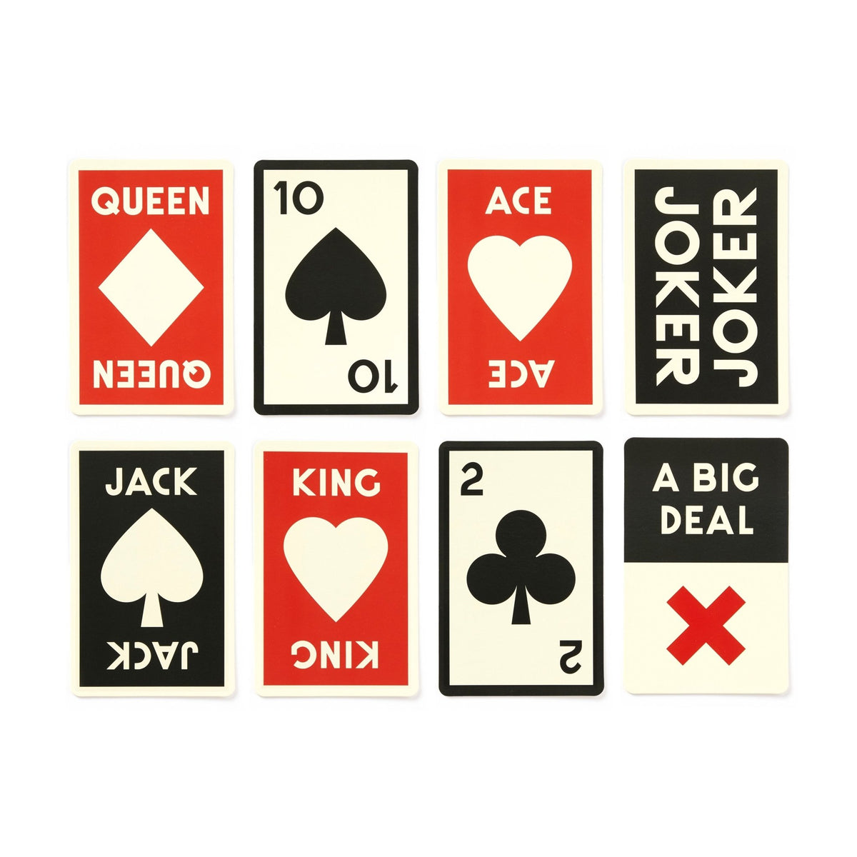 Eight oversized Brass Monkey A Big Deal Giant Playing Cards are arranged in two rows, featuring the queen of diamonds, ten of spades, ace of hearts, joker, jack of spades, king of hearts, two of clubs, and a red X A BIG DEAL card.