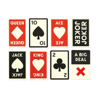 Eight oversized Brass Monkey A Big Deal Giant Playing Cards are arranged in two rows, featuring the queen of diamonds, ten of spades, ace of hearts, joker, jack of spades, king of hearts, two of clubs, and a red X A BIG DEAL card.