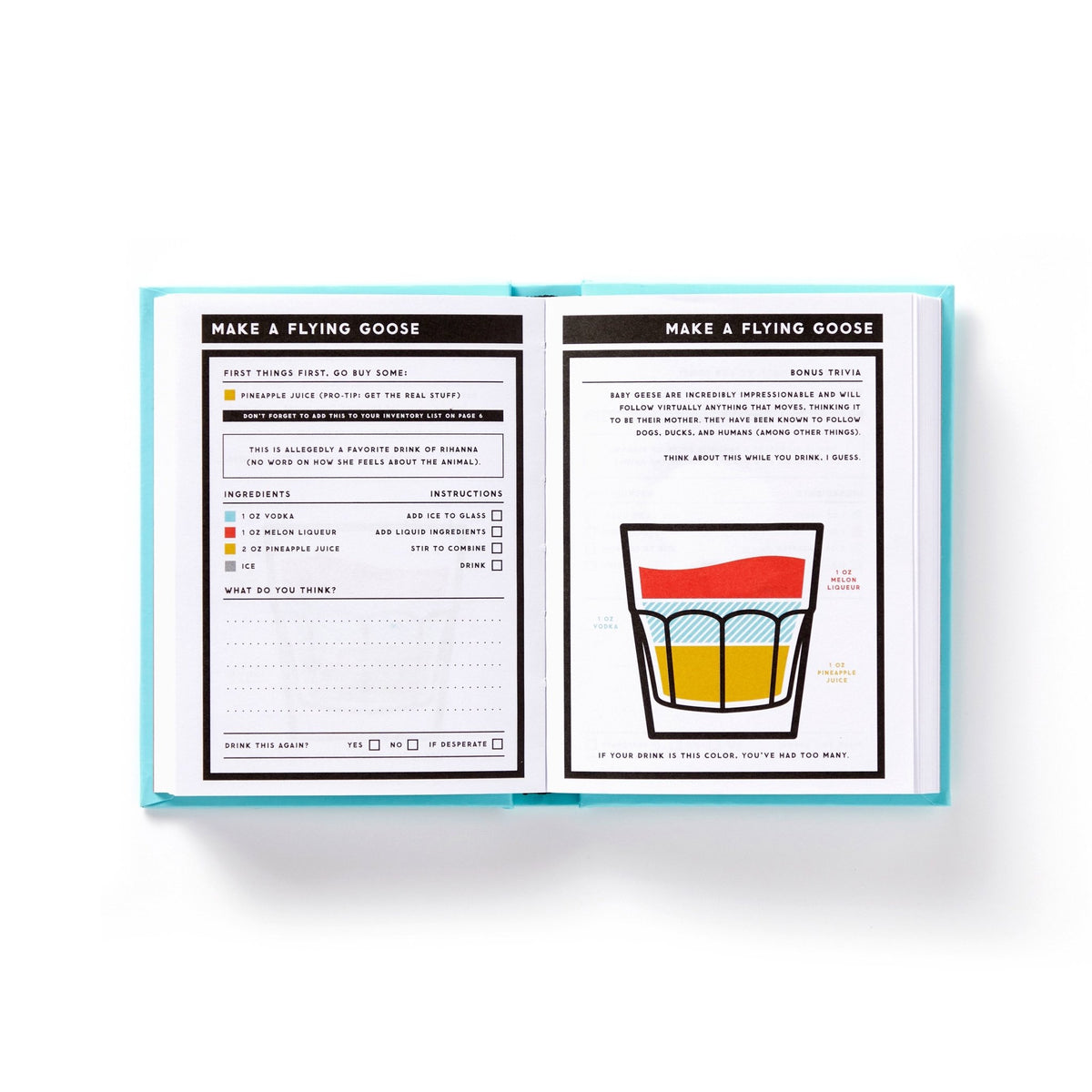 The Bar None Drink Journal by Brass Monkey displays Make a Flying Goose with steps, ingredients, trivia, and an illustration—perfect inspiration for cocktail lovers building their bar.