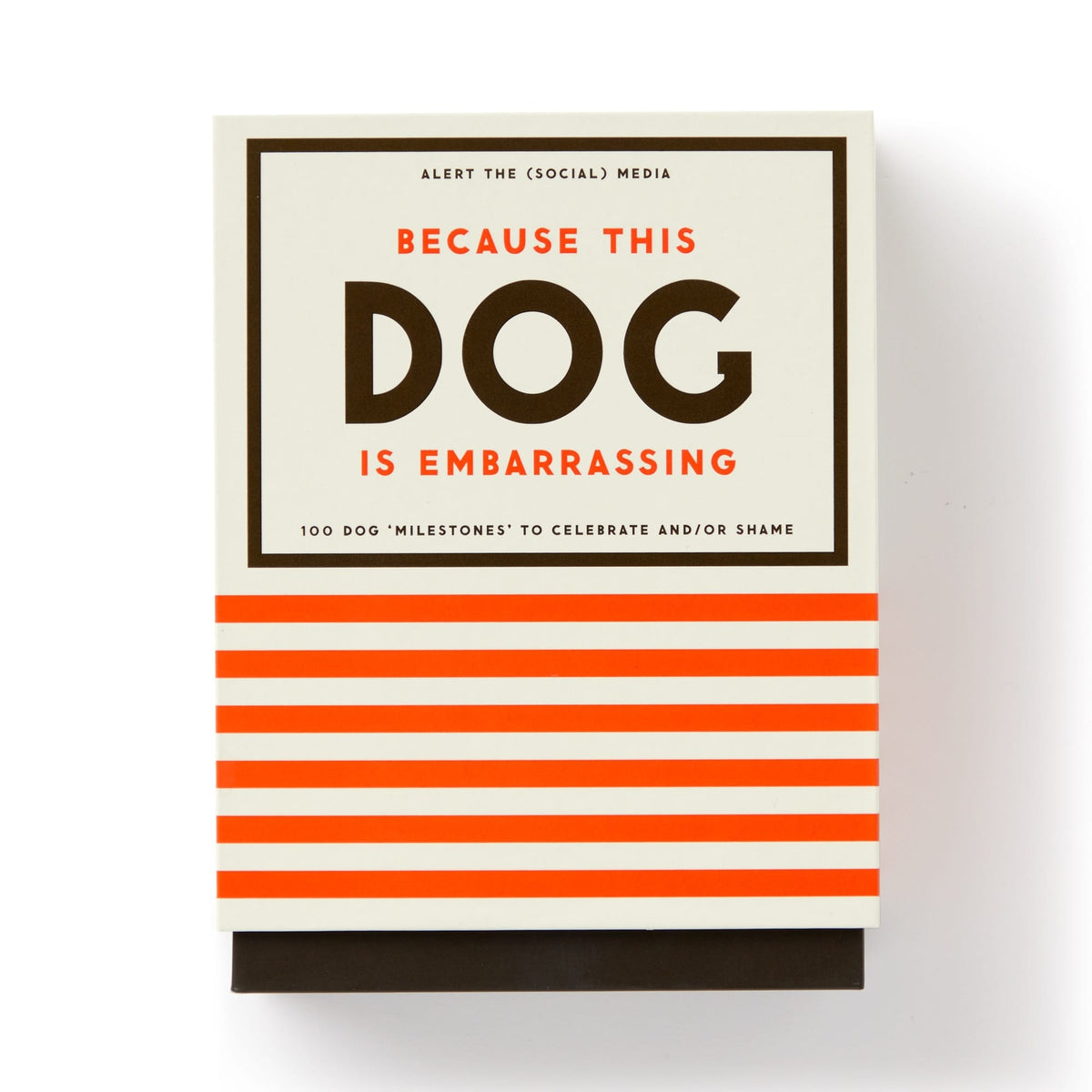 A Brass Monkey box labeled Because This Dog Is Embarrassing – Pet Shame/Praise Deck with 100 dog milestone cards to celebrate or shame, featuring bold text and a red-striped design.