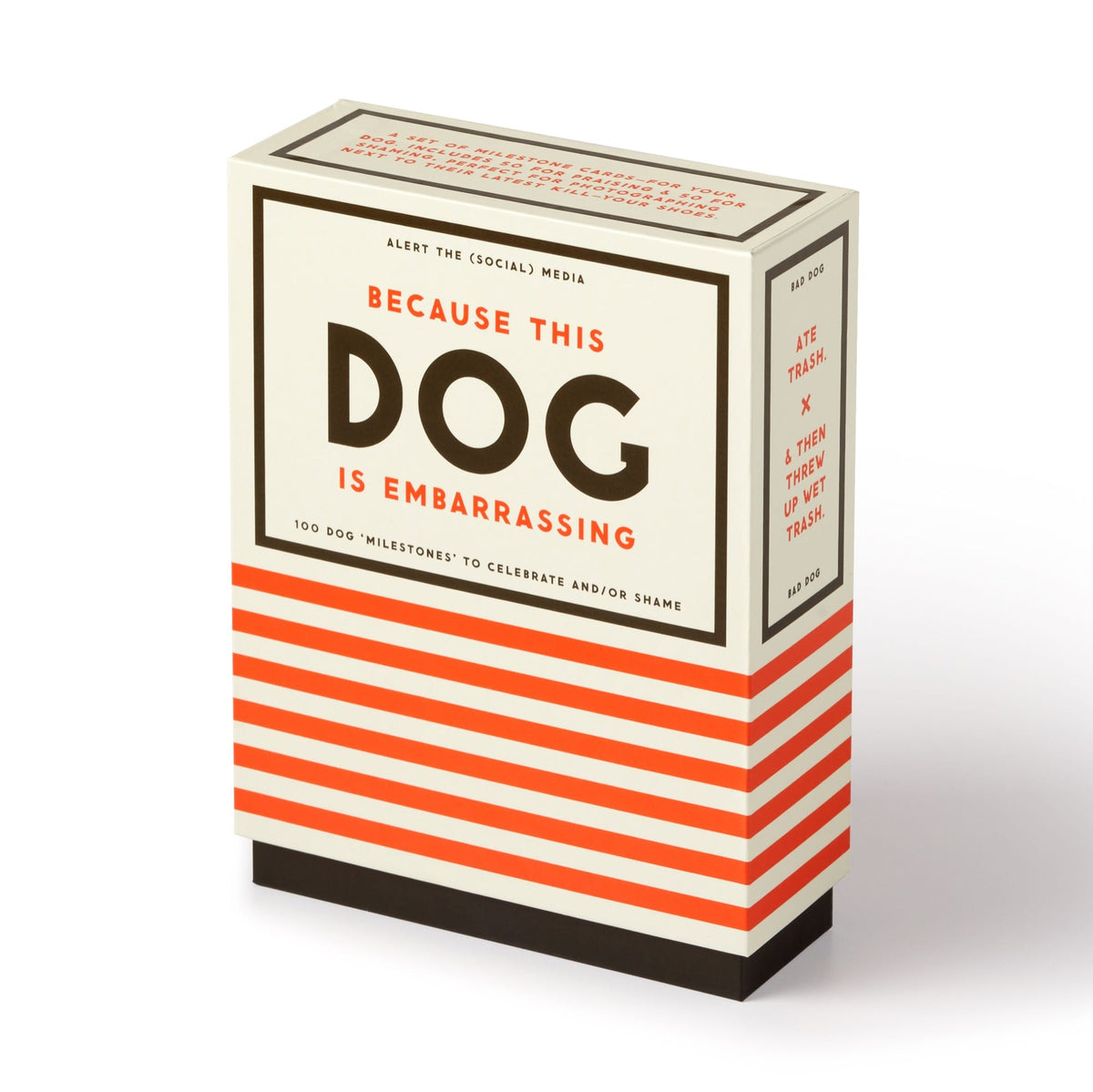 The Brass Monkey Because This Dog Is Embarrassing - Pet Shame/Praise Deck boxed set features bold red and black text on a cream background with orange stripes, and includes 100 milestone cards to celebrate or shame your dog.
