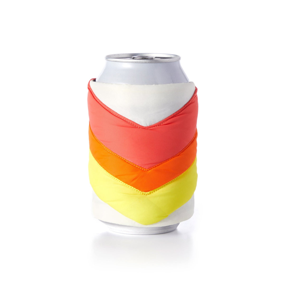 The Brass Monkey Beer Blanket Puffyvest Coozie Set features a silver can in a colorful, water-resistant nylon quilted sleeve with red, orange, and yellow chevron stripes, inspired by vintage puffy vest coozies on a plain white background.