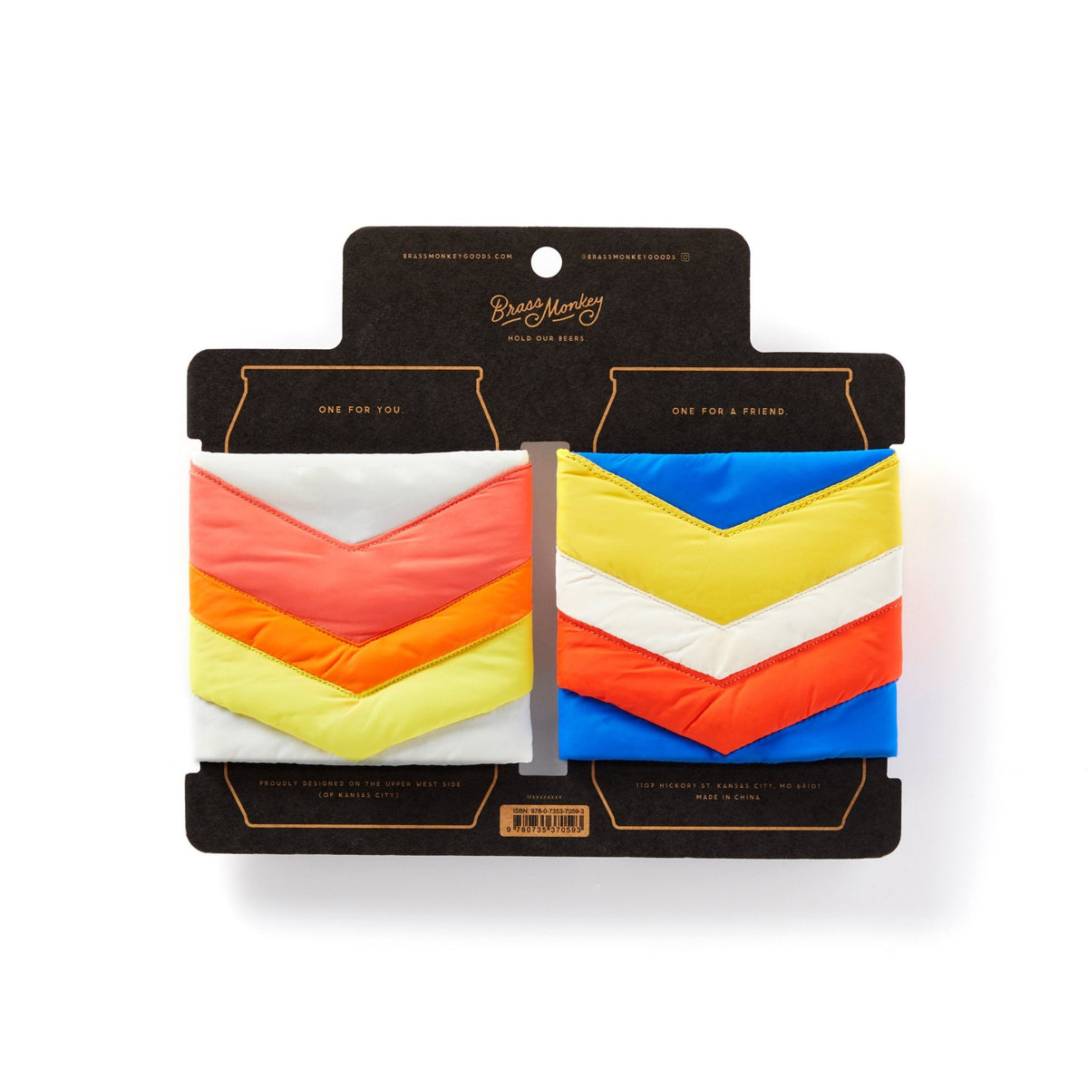 Two vibrant chevron-patterned Beer Blanket Puffyvest Coozie Set pouches by Brass Monkey are shown side by side on black packaging labeled One For You and One For A Friend. The left pouch is red-orange-yellow-white; the right is yellow-white-orange-blue.