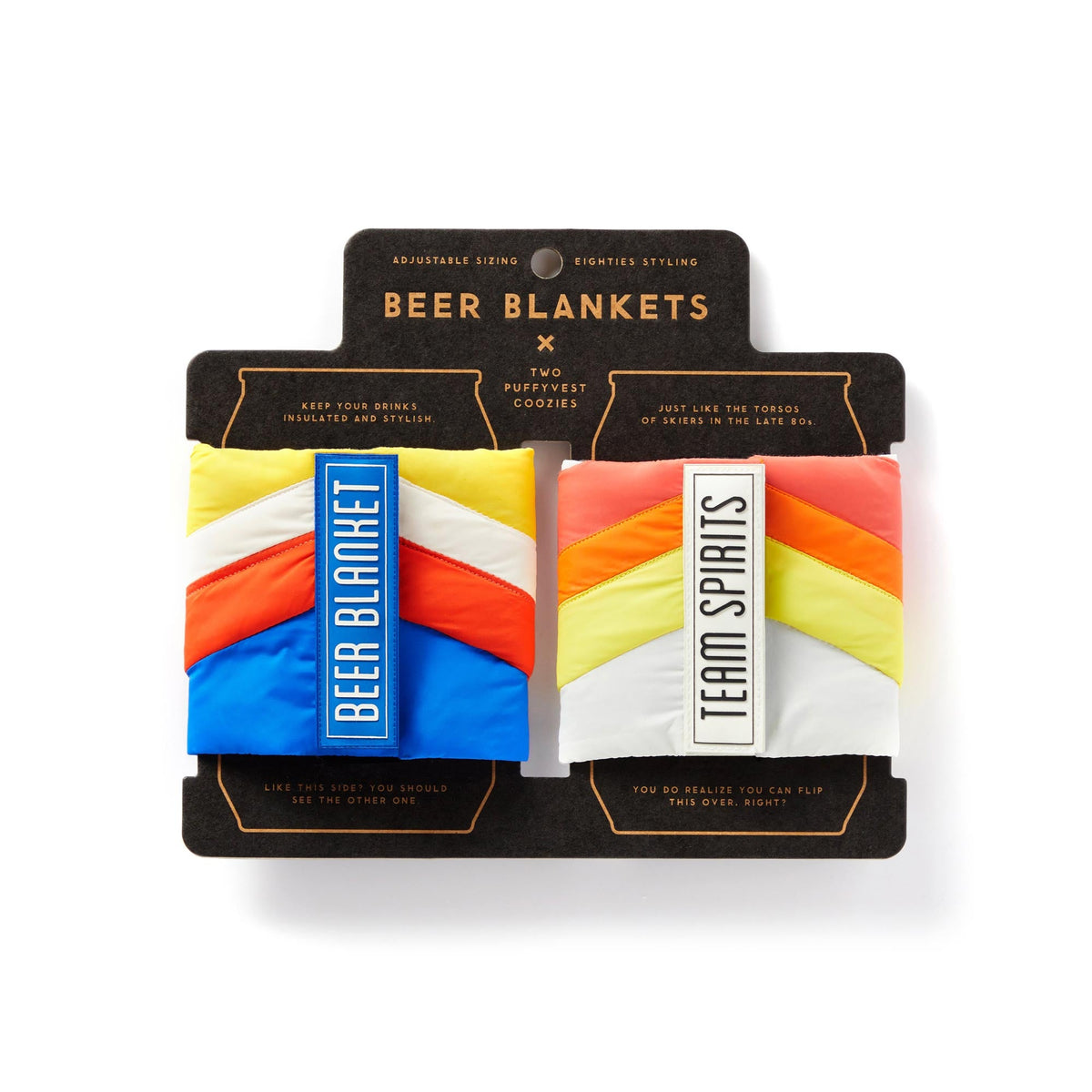 Brass Monkey Beer Blanket Puffyvest Coozie Set: two colorful vintage coozies in blue and white, made of water-resistant nylon, on a display card with orange, blue, red, and yellow chevron patterns.