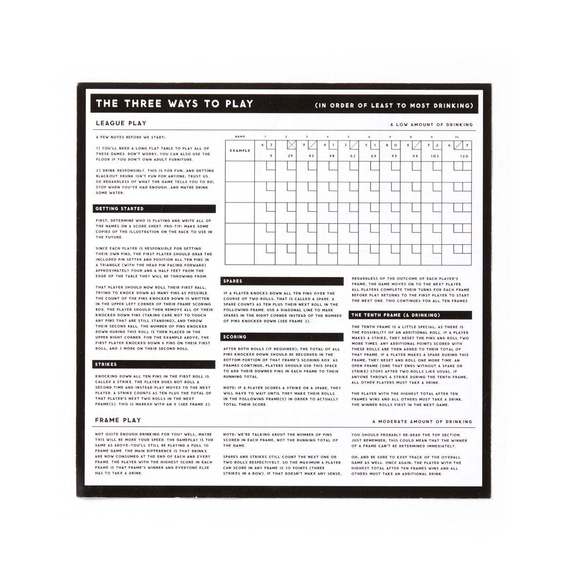 The Brass Monkey Beer Bowling Drinking Game Set includes a rules sheet titled The Three Ways to Play with sections for League Play, Frame Play, phases, scoring, and Tenth Frame (Drinking)—plus a score table. Ideal for any bowling drinking game! Black on white design.