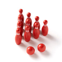The Brass Monkey Beer Bowling Drinking Game Set features ten red MDF pins in a triangle and two red bowling balls, ideal for lively drinking games, all arranged on a white surface.