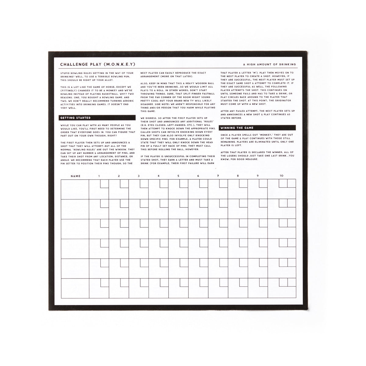 The Brass Monkey Beer Bowling Drinking Game Set includes a Challenge Play (M.O.N.K.E.Y) sheet with instructions up top and a score grid below—ten columns for rounds, rows for names—ideal for tracking progress during your beer bowling nights.