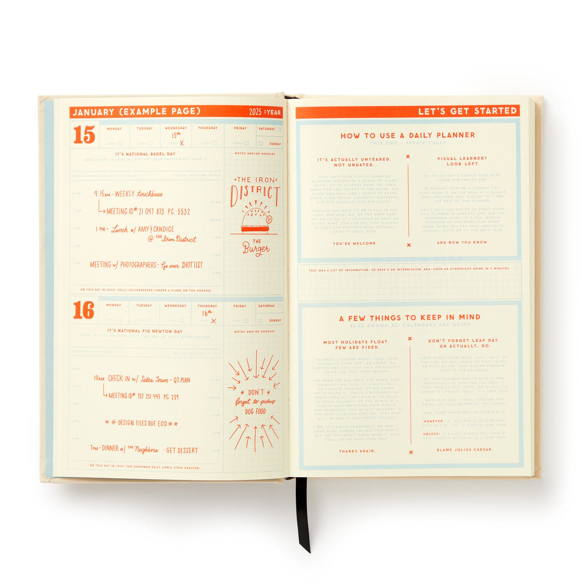 The Big Plans Undated Standard Planner by Brass Monkey features sample daily entries on the left and usage instructions on the right, with orange and blue headings, a black ribbon bookmark, and a vintage-inspired design.