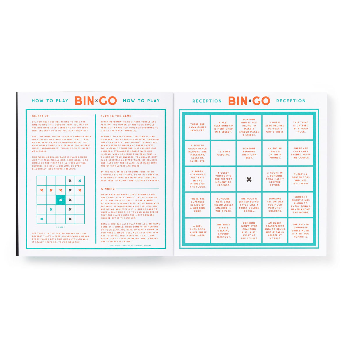 The Brass Monkey Bin-go Endure A Wedding Bingo Book displays game instructions and a sample card on the left, with a blue-and-white people-watching bingo card filled with playful phrases for the reception on the right.