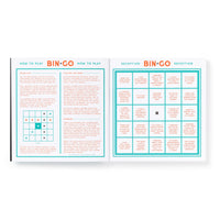 The Brass Monkey Bin-go Endure A Wedding Bingo Book displays game instructions and a sample card on the left, with a blue-and-white people-watching bingo card filled with playful phrases for the reception on the right.