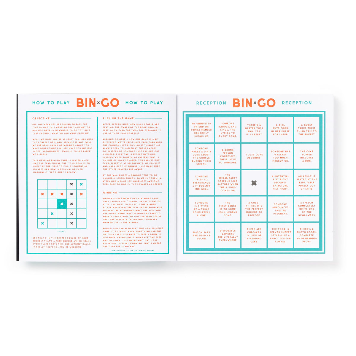The Bin-go Endure A Wedding Bingo Book by Brass Monkey features wedding instructions on the left and a reception-themed people-watching bingo card on the right, highlighted with turquoise and orange for a playful touch.