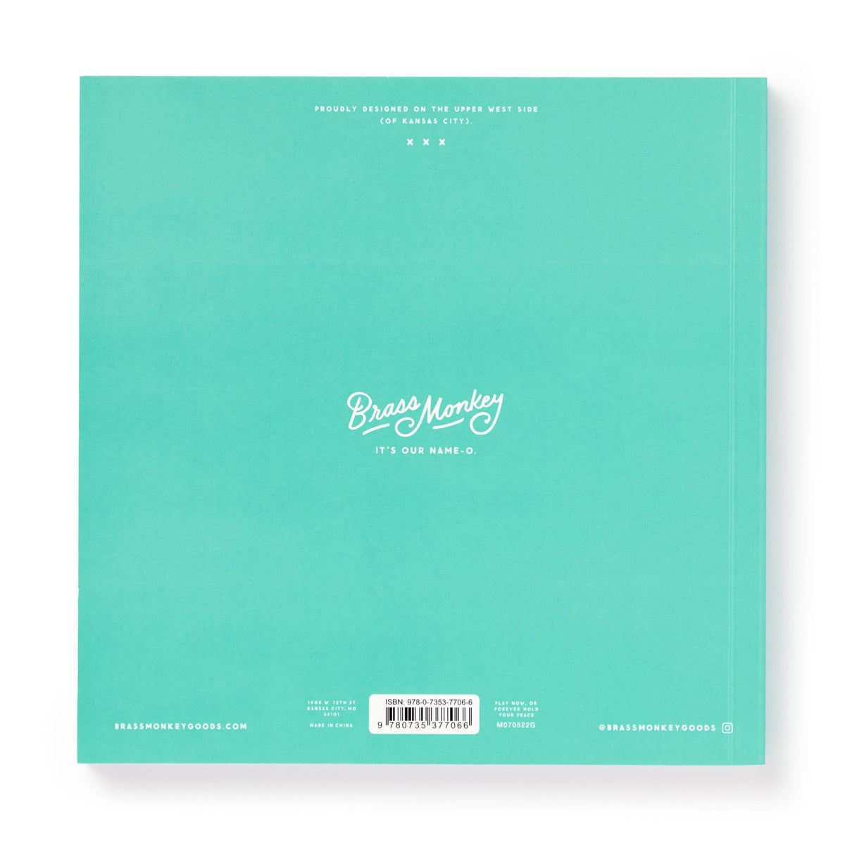 Turquoise square cover with centered white text: Brass Monkey Bin-go Endure A Wedding Bingo Book. Small text, barcode, and website links appear at the top and bottom—perfect for people-watching or playing at weddings.