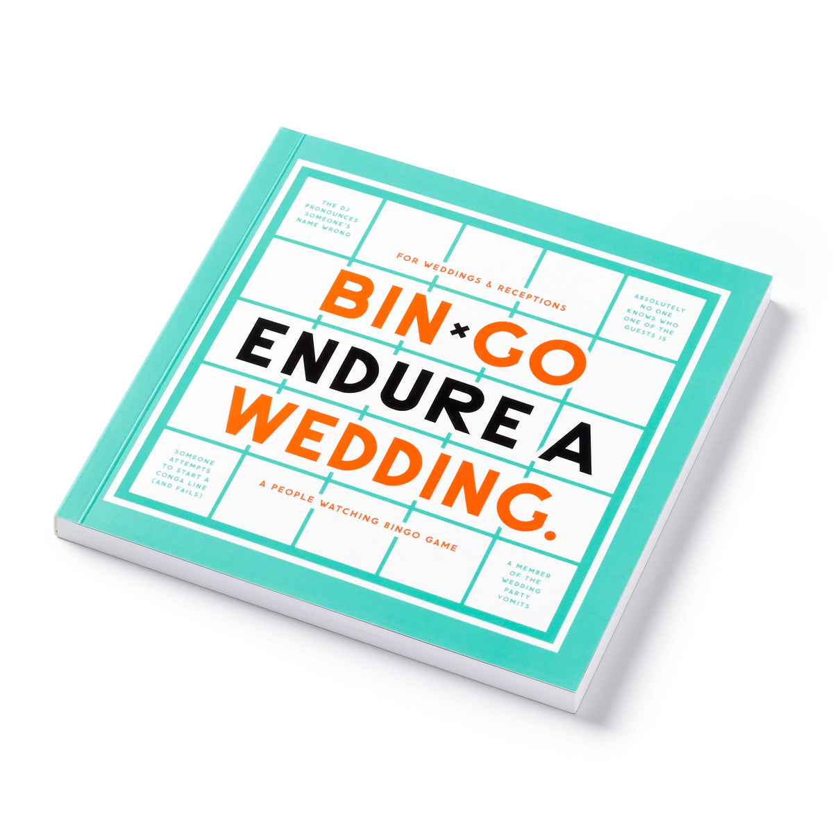 The Brass Monkey Bin-go Endure A Wedding Bingo Book features a turquoise cover with a bingo card design and bold orange and black text. Its a people-watching bingo game perfect for weddings and receptions.